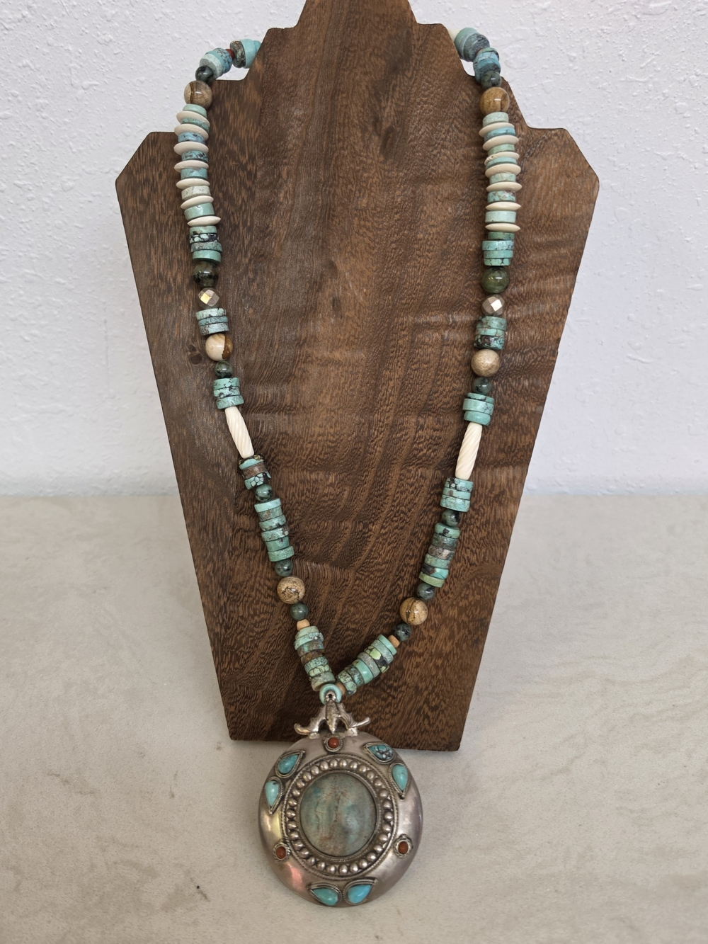 Southwestern Turquoise Beaded Statement Necklace 2.5” Pendant Long Boho Western